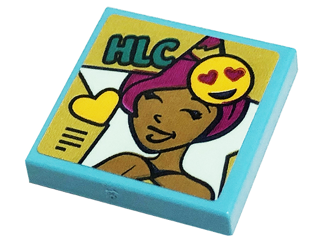 Lego Tile 2 x 2 with 'HLC', Bright Light Orange Heart, Smiling Emoticon and Friends Minifigure with Magenta Hair Pattern (Sticker) - Set 41449 / Medium Azure