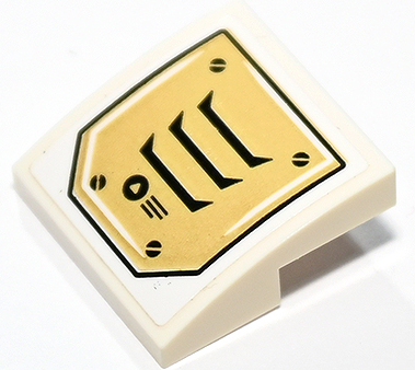 Lego Slope, Curved 2 x 2 x 2/3 with Gold Air Vent, 4 Black Screws, Lines and Triangle on Circle Pattern (Sticker) - Set 70676