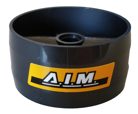 Lego Cylinder 4 x 4 x 1 2/3 with Pin Holes and Center Bar with White 'A.I.M.' Pattern (Sticker) - Set 76164 / Pearl Dark Gray