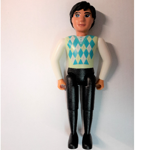 Lego Belville Figure Fixed Elbows, Male, Black Hair, Black Legs, White Arms, Light Lime, Sky Blue, and White Argyle Top