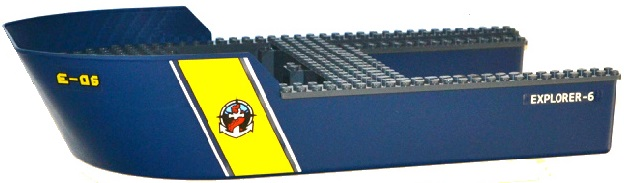 Lego Boat, Hull Giant Bow 40 x 20 x 7 with Dark Bluish Gray Top with 'E-06', Deep Sea Logo, and 'EXPLORER-6' Pattern on Both Sides (Stickers) - Set 60095 / Dark Blue