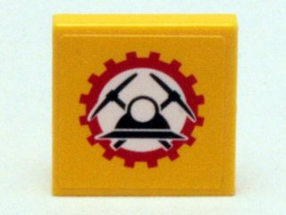 Lego Tile 2 x 2 with Black Helmet with Crossed Pickaxes in Red Gear (Miners Logo) Pattern (Sticker) - Set 4204 / Yellow