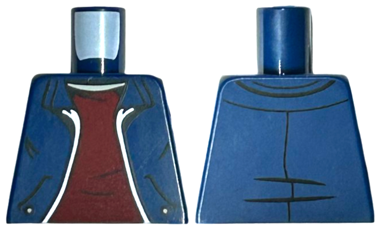 Lego Torso Jacket Open with Pockets and White Trim over Dark Red Shirt, Light Nougat Neck Pattern / Dark Blue