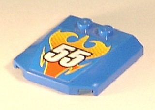 Lego Wedge 4 x 4 x 2/3 Triple Curved with Flames and White '55' Pattern (Sticker) - Set 8668 / Blue