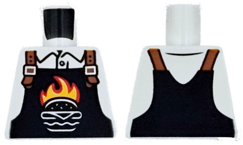 Lego Torso Black Overalls with Burger Outline, Red and Bright Light Orange Flames and Dark Orange Straps over Shirt Pattern / White