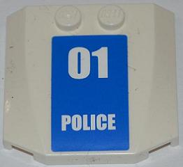 Lego Wedge 4 x 4 x 2/3 Triple Curved with White '01 POLICE' on Blue Background Pattern (Sticker) - Set 7744 / White