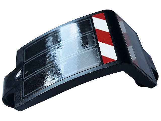 Lego Technic, Panel Curved 3 x 5 x 3 with Red and White Danger Stripes and Dark Bluish Gray '2T' Pattern Model Right Side (Sticker) - Set 42108 / Black