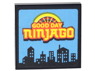 Lego Tile 2 x 2 with TV Screen with Yellow 'GOOD DAY NINJAGO', Semicircle, and Black City Skyline on Medium Blue Background Pattern (Sticker) - Set 70620