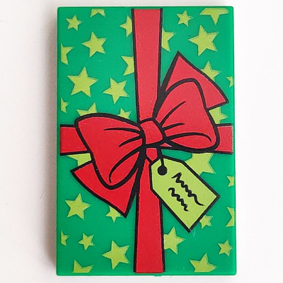 Lego Tile 2 x 3 with Bright Green Stars, Red Ribbon with Bow (Gift) Print