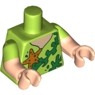 Lego Torso, Dual Molded Arms, V Neck Shirt with Seaweed and Starfish Print, Lime Sleeves Pattern, Light Nougat Arms and Hands / Lime