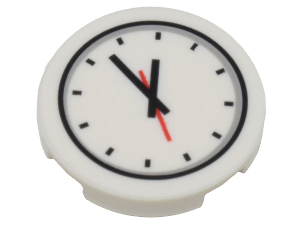Lego Tile, Round 2 x 2 with Bottom Stud Holder with Clock and Red and Black Hands Pattern