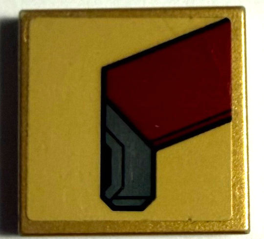Lego Tile 2 x 2 with Dark Red and Dark Bluish Gray Armor Plates with Black Outlines on Gold Background Pattern Model Left Side (Sticker) - Set 76206