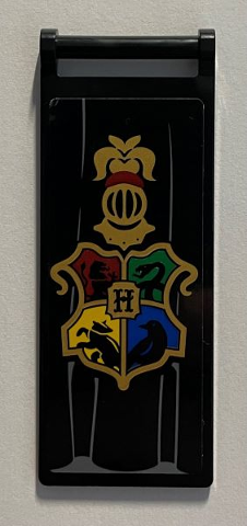 Lego Flag 7 x 3 with Bar Handle with Gold Hogwarts Coat of Arms on Black Drape Pattern (Sticker) - Set 76389