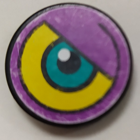 Lego Tile, Round 2 x 2 with Purple/Yellow Background and Dark Turquoise Eye Pattern Model Right Side (Sticker) - Set 8245
