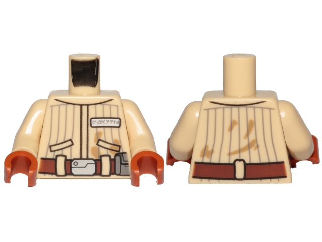 Lego Torso SW Jacket with Vertical Stripes, Reddish Brown Belt, Badge with Alien Letters Pattern (Quarrie) / Tan Arms / Dark Orange Hands
