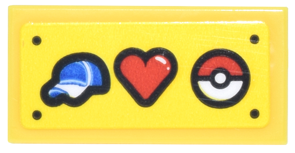 Lego Tile 1 x 2 with License Plate with Blue Ball Cap, Red Heart and White Poké Ball Pattern (Sticker) - Set 72156 / Yellow