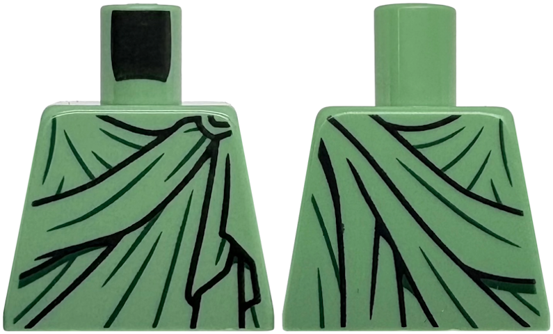 Lego Torso Robe with Black Gathers and Dark Green Wrinkles, Round Clasp Pattern / Sand Green