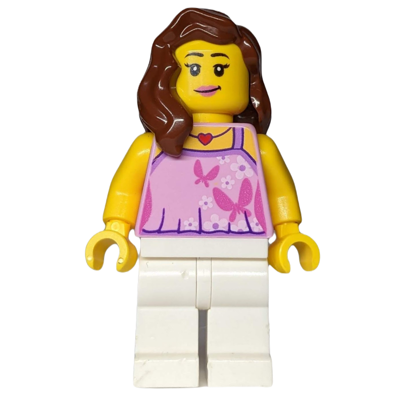 Lego Woman, Bright Pink Halter Top with Butterflies, White Legs, Reddish Brown Hair