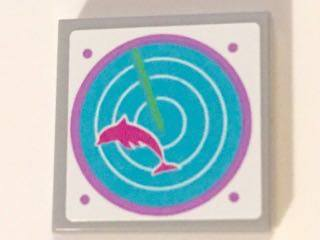 Lego Tile 2 x 2 with Dark Pink Dolphin on Medium Azure Radar Pattern (Sticker) - Set 41015 / Light Bluish Gray