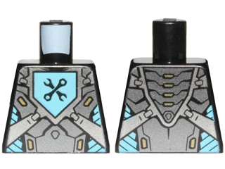 Lego Torso Nexo Knights Armor with Pearl Dark Gray and Silver Panels and Black Crossed Wrenches on Medium Azure Pentagonal Shield Pattern / Black