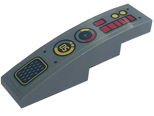 Lego Slope, Curved 4 x 1 with Black Grille, Gold Number 50 in Circle, and Red and Gold Buttons Pattern Model Left Side (Sticker) - Set 71773 / Dark Bluish Gray