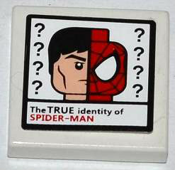 Lego Tile 2 x 2 with Question Marks, Minifigure Head and 'The TRUE identity of SPIDER-MAN' Pattern (Sticker) - Set 76005