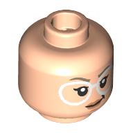 Lego Minifig Head Stephanie "Stef" Steinbrenner, White Glasses, Dark Tan Eyebrows, Smirk / Bright Pink Bubble Gum / Light Nougat