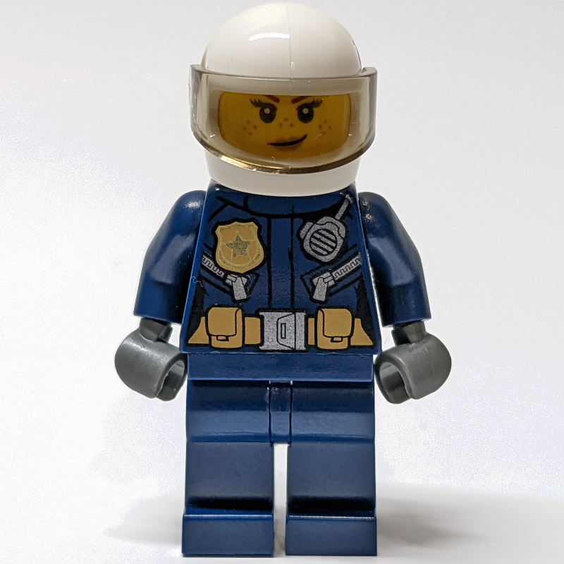Lego Policewoman, Dark Blue Jacket with Radio and Badge, White Helmet with Visor  (3626cpr2589 Head)