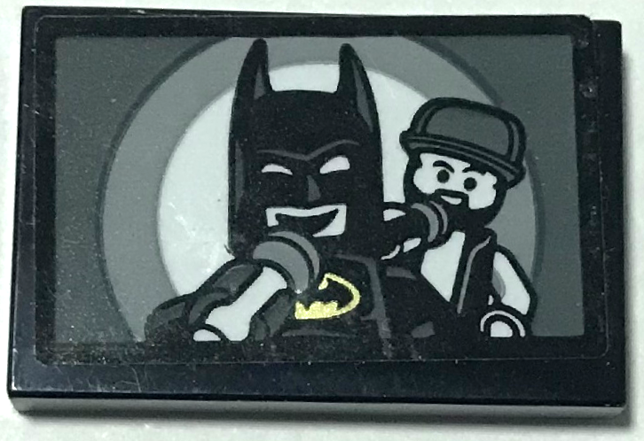 Lego Tile 2 x 3 with Batman and Singer Minifigures Holding Microphones Pattern (Sticker) - Set 70922 / Black