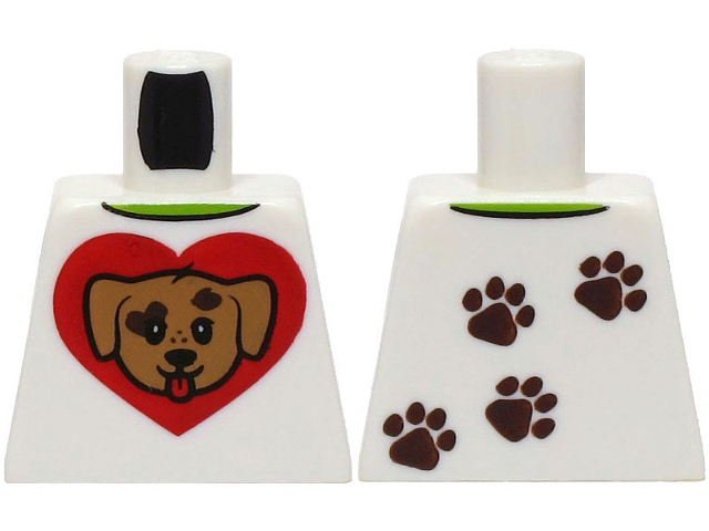 Lego Torso Shirt with Lime Collar, Medium Nougat Dog Head on Red Heart, Dark Brown Paw Prints on Back Pattern (BAM) / White