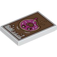 Lego Tile 2 x 3 with Nougat Sign, White Cream, Dark Pink Donut Print