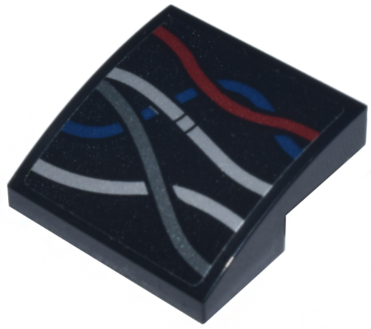 Lego Slope, Curved 2 x 2 x 2/3 with Dark Red, Dark Blue, Silver, and Dark Silver Hip Wires Pattern Model Left Side (Sticker) - Set 75398