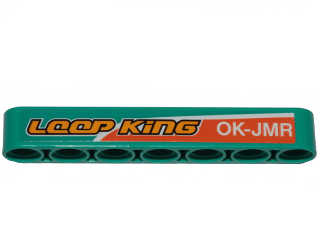 Lego Technic, Liftarm Thick 1 x 7 with Orange Stripe, 'LOOP KiNG' and 'OK-JMR' Pattern Model Left Side (Sticker) - Set 42117 / Dark Turquoise