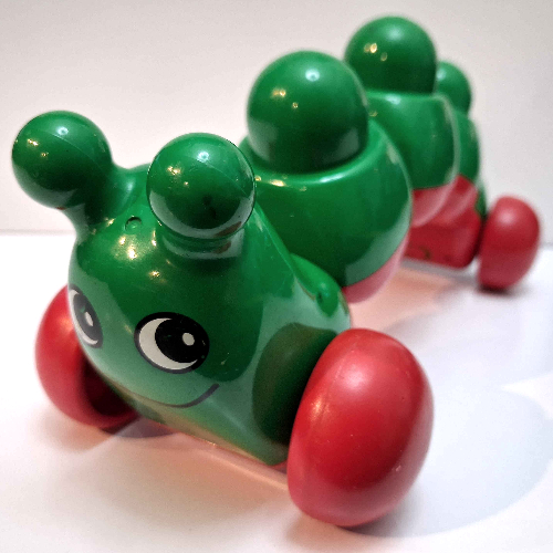 Lego Primo Caterpillar with Red Wheels, Face Print / Green