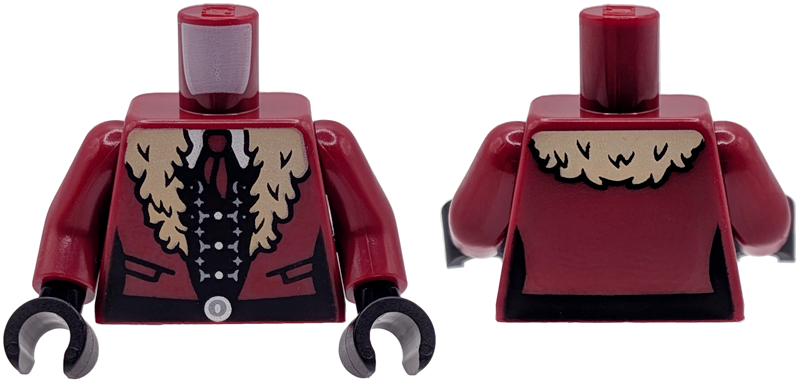 Lego Torso Coat with Scarf, Tan Fur, Black Pockets and Belt with Silver Buckle over Black Dress Top with Buttons and Light Bluish Gray Decoration Pattern / Dark Red Arms / Black Hands