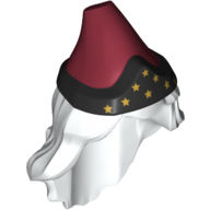Lego Hair and Hat, Long Wavy Hair, Dark Red Hat with Black Band pattern, Gold Stars print / White