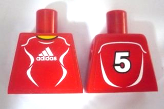 Lego Torso Soccer Uniform Red Shirt with White Adidas Logo, Curved Lines and Number 5 on Back, Yellow Neck Pattern (Stickers) / Red