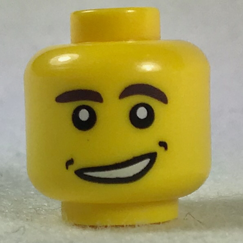 Lego Minifig Head, Dark Brown Eyebrows, Open Sideways Smile with Dimples Print [Hollow Stud]