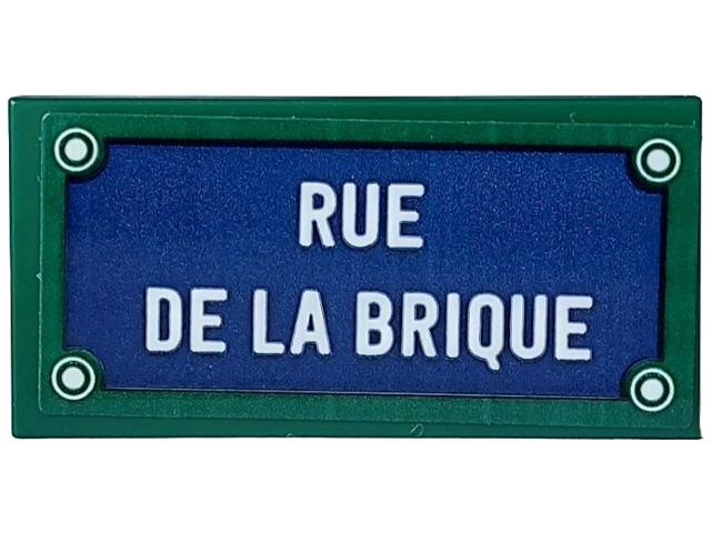 Lego Tile 2 x 4 with Dark Blue Sign, 4 White Rivets and 'RUE DE LA BRIQUE' Pattern (Sticker) - Set 910032