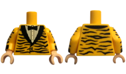 Lego Torso Tuxedo Jacket with Black Animal Stripes and Lapels over White Shirt with Buttons and Pleats, Bow Tie Pattern / Bright Light Orange Arms with Black Animal Stripes and Cuffs Pattern / Light Nougat Hands