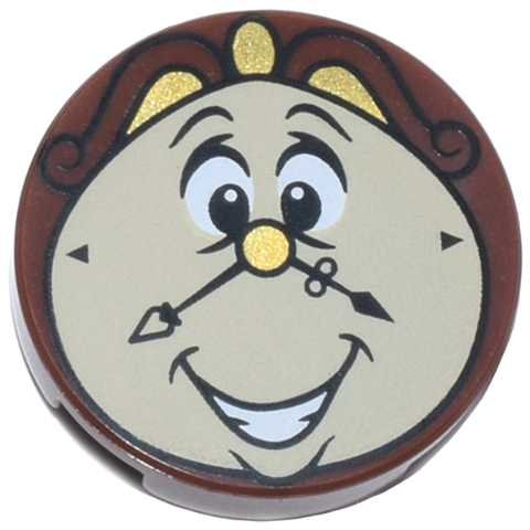 Lego Tile, Round 2 x 2 with Bottom Stud Holder with Smiling Tan Clock Face, Gold Nose and Trim, Black Hands and Scrolls, Open Mouth with Teeth Pattern (Cogsworth) / Reddish Brown