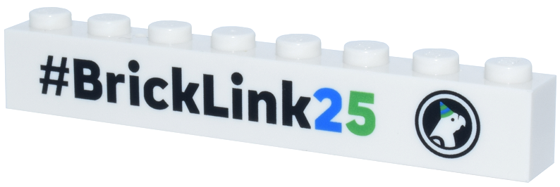 Lego Brick 1 x 8 with Black, Blue and Bright Green '#BrickLink25' and BrickLink 25th Anniversary Parrot Logo Pattern / White