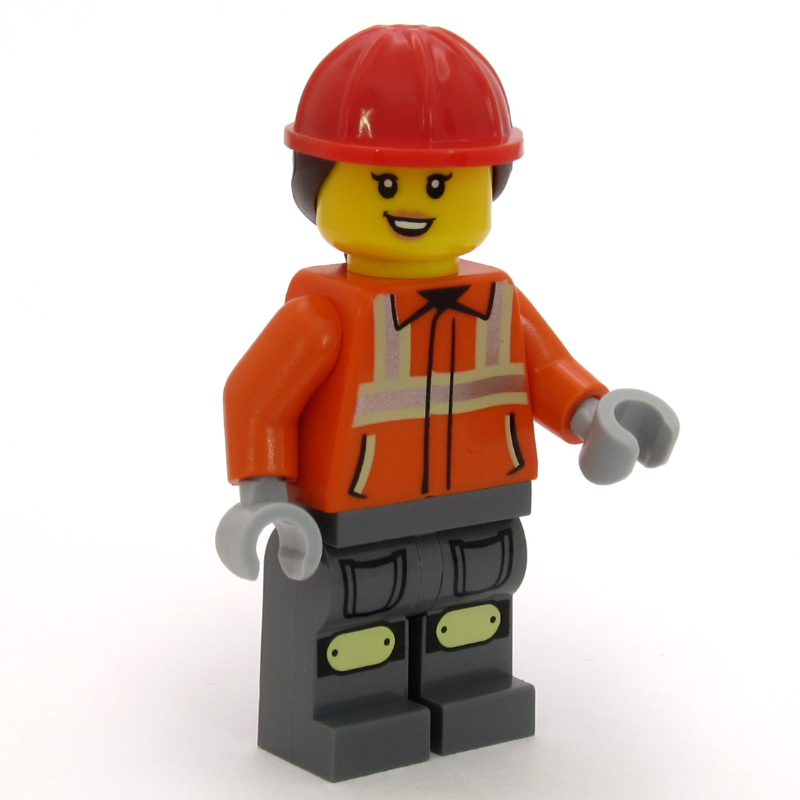 Lego Construction Worker, Reddish Orange Jacket, Overall, Red Hard Hat with Dark Brown Ponytail
