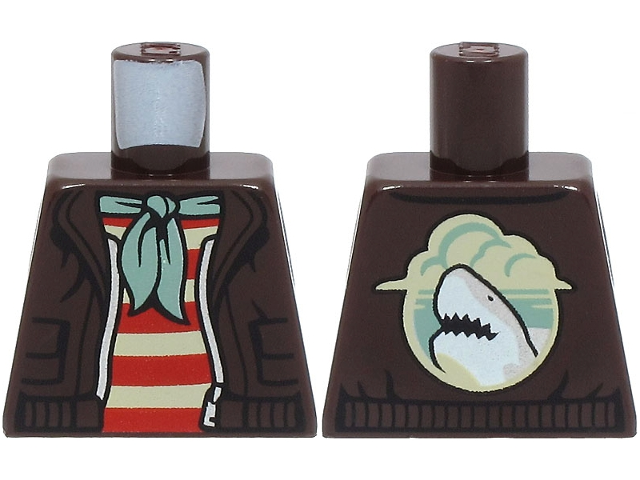 Lego Torso Aviator Leather Jacket Open with Pockets and Silver Zipper over Shirt with Red and Tan Stripes, Sand Green Neckerchief Scarf, Shark Head and Clouds Logo on Back Pattern / Dark Brown