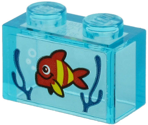 Lego Brick 1 x 2 without Bottom Tube with Red Fish with Yellow Stripes and Dark Blue Seagrass on Transparent Background Pattern (Sticker) - Set 60266