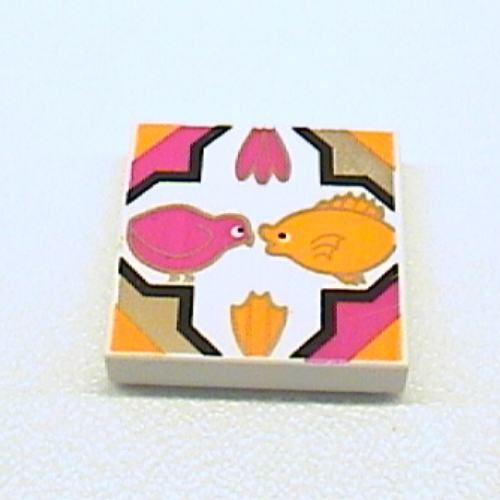 Lego Tile 2 x 2 with Bird, Fish, Flowers in Quatrefoil Magenta/Gold/Medium Orange Print / White
