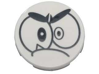 Lego Tile, Round 2 x 2 with Bottom Stud Holder with Black Large Eyes, Eyebrows and Closed Mouth with One Sharp Tooth (Nixel Face) Pattern / White