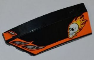 Lego Wedge 8 x 3 x 2 Open Left with Headlights, Skull and Yellow Flames Pattern (Stickers) - Set 7971 / Black