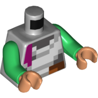 Lego Torso Pixelated White, Dark Bluish Gray, Reddish Brown and Magenta Squares Print, Green Arms, Nougat Hands / Light Bluish Gray