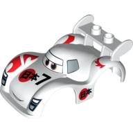 Lego Duplo Car Body, 2 Studs on Spoiler, Wide Fenders, with Cars Shu Todoroki Print / White